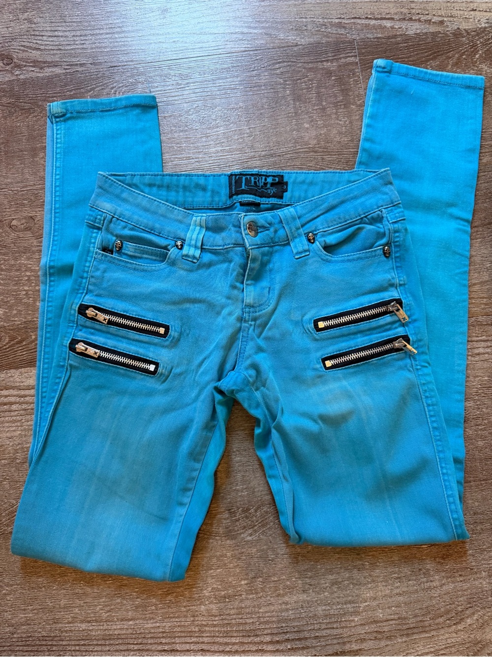 Tripp NYC Teal Skinny Jeans with Decorative Zippers